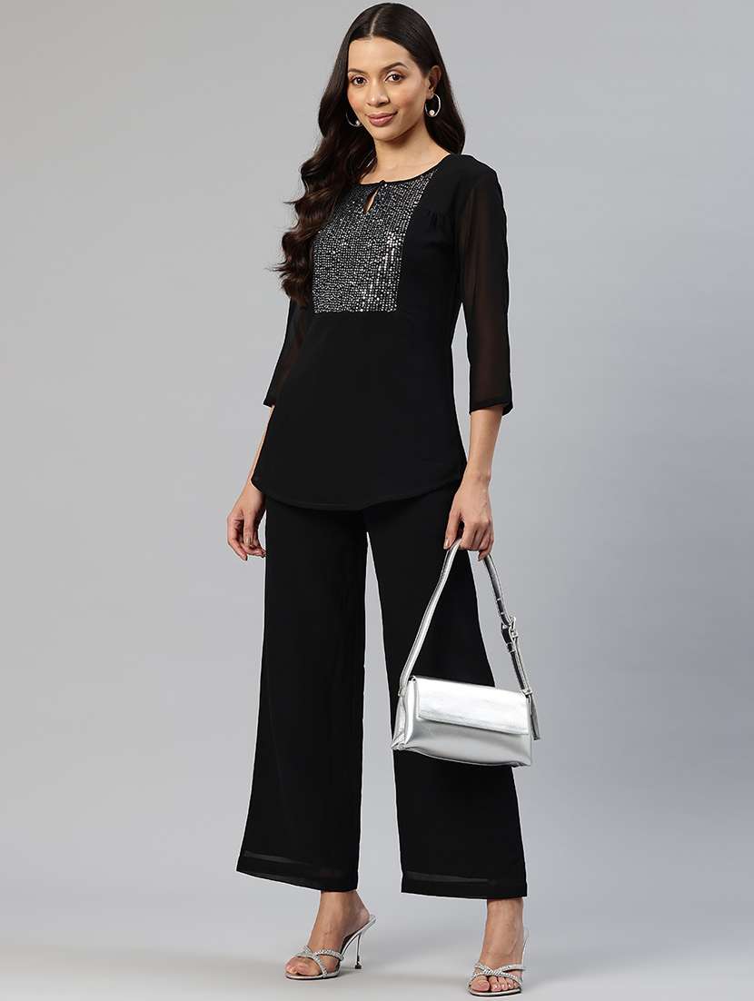 women solid detailed three quarter sleeves top & trouser co-ord set