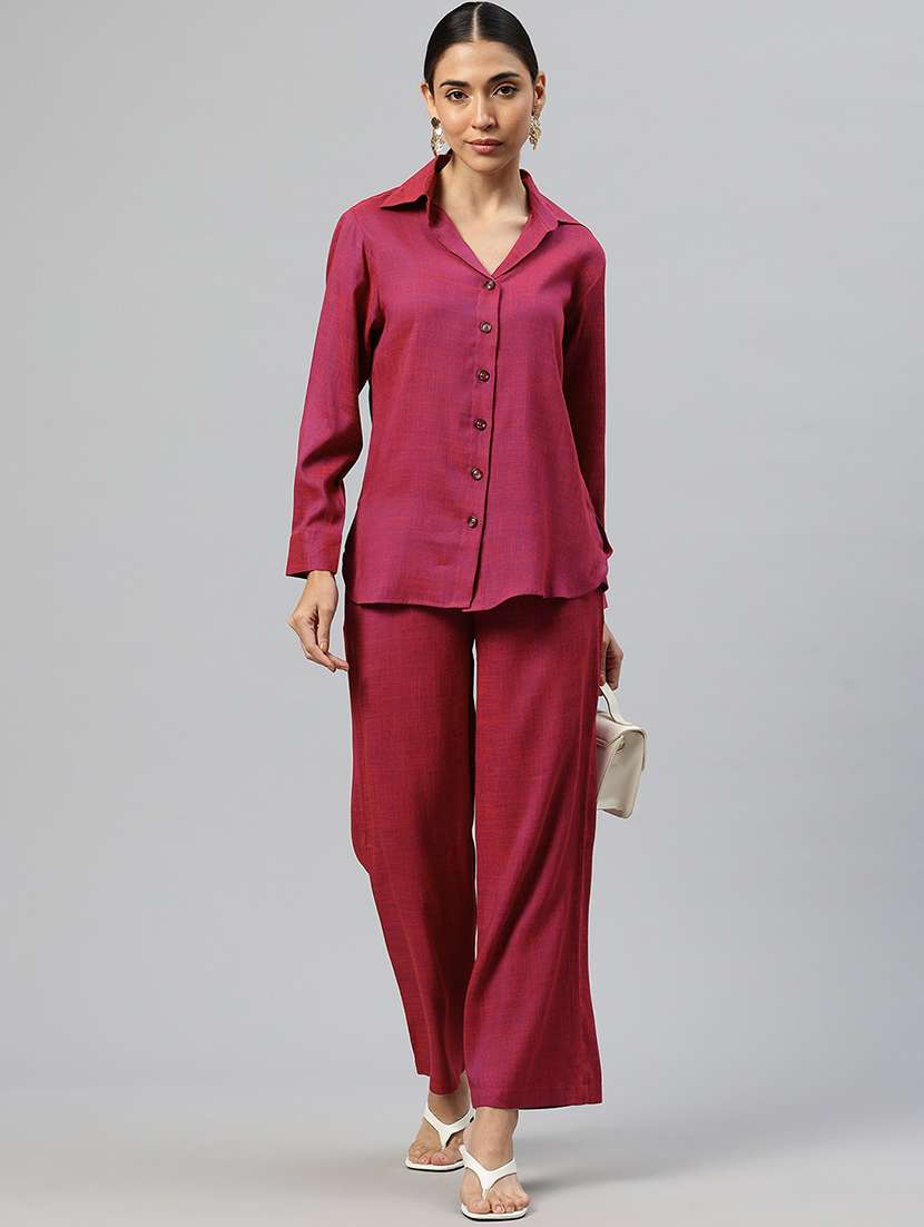 women solid collared shirt & trouser co-ord set