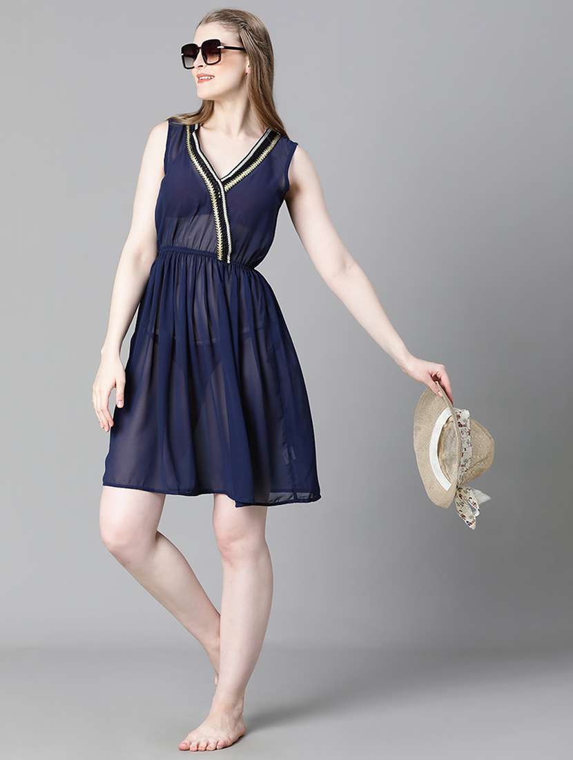 women solid sleeveless flared coverup