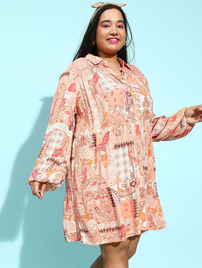 women printed long sleeves plus size shirt dress - 21586514 -  Standard Image - 1