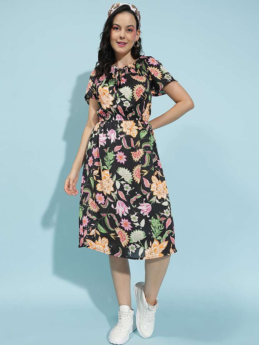 women floral printed short sleeves a-line dress - 21586519 - Standard Image - 1