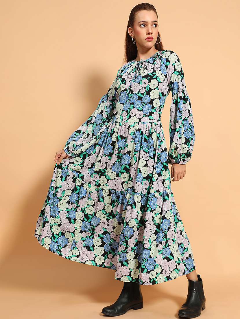 women floral printed long sleeves tiered dress
