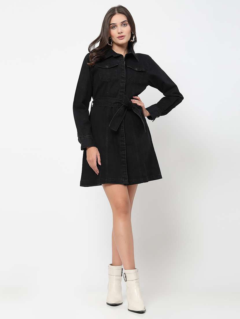 women solid collared belted denim dress - 21586539 -  Standard Image - 1