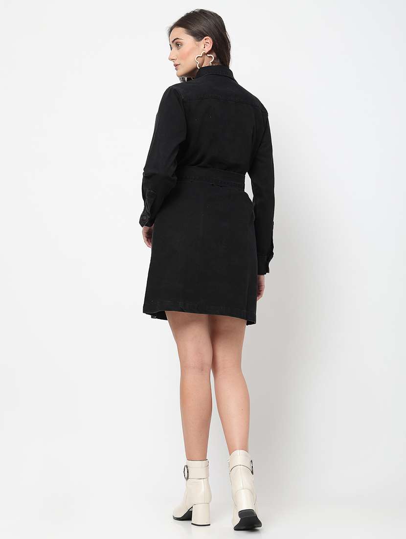 women solid collared belted denim dress - 21586539 -  Standard Image - 4