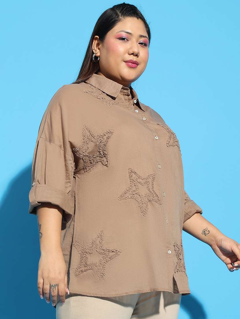 women solid detailed long sleeves plus size shirt - 21586565 -  Standard Image - 1