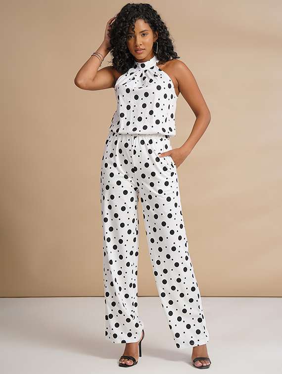 women polka doted halter neck jumpsuit