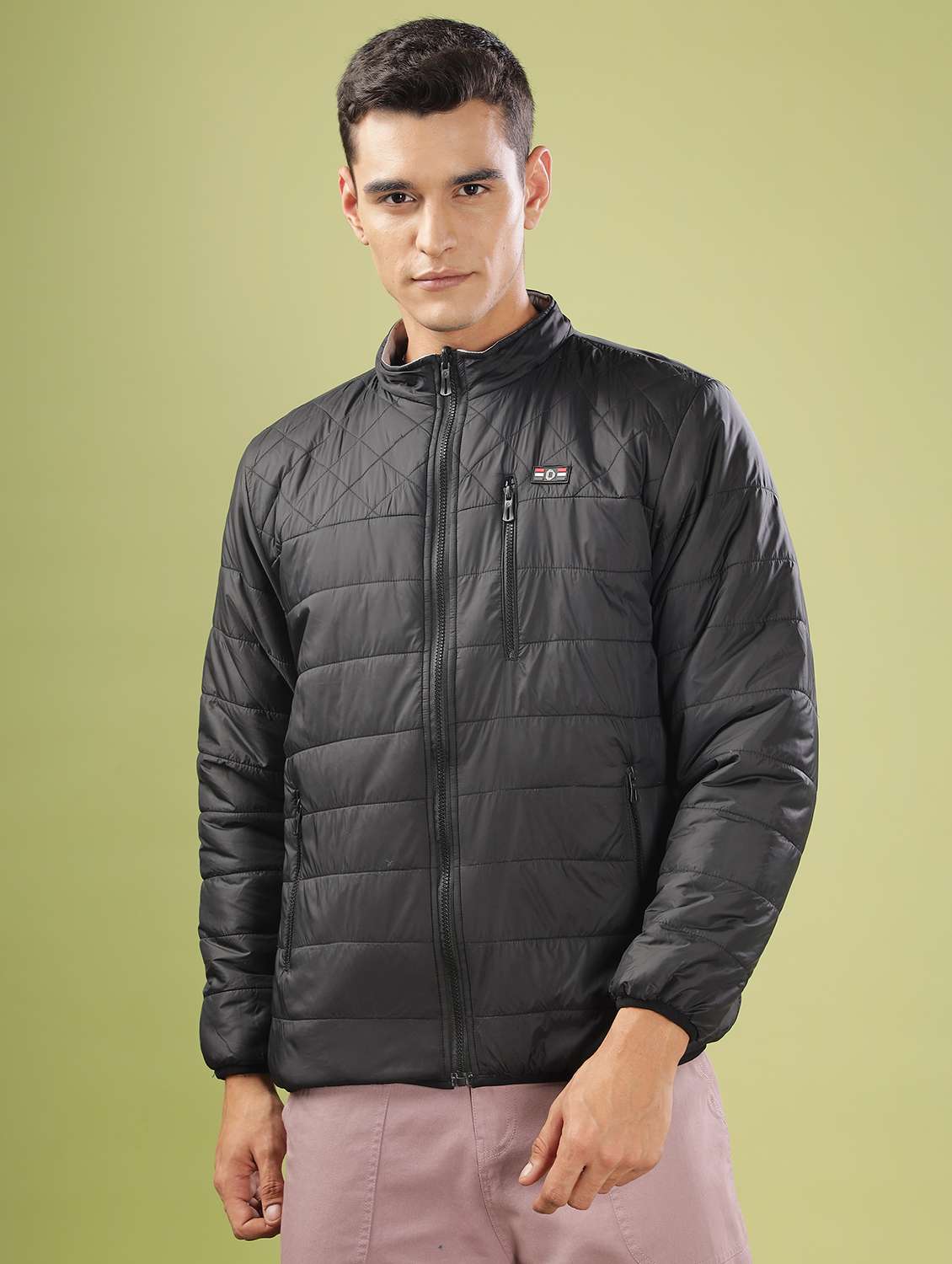 men solid long sleeve quilted jacket