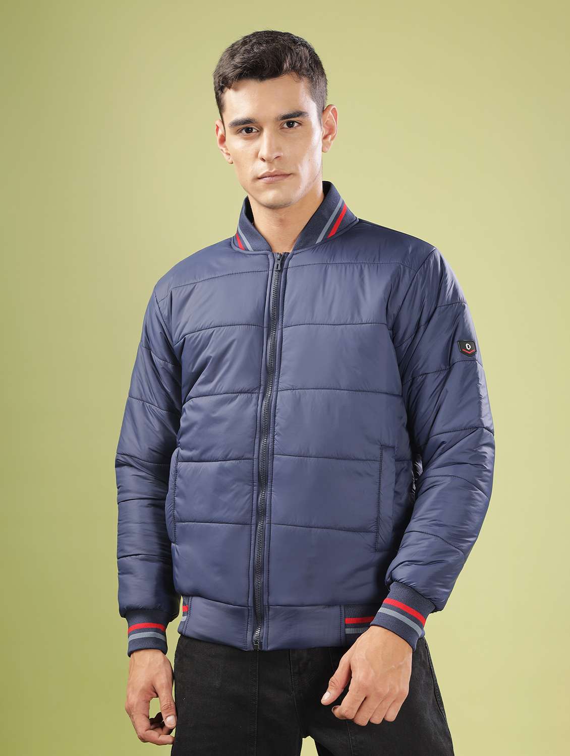 men solid long sleeve quilted jacket