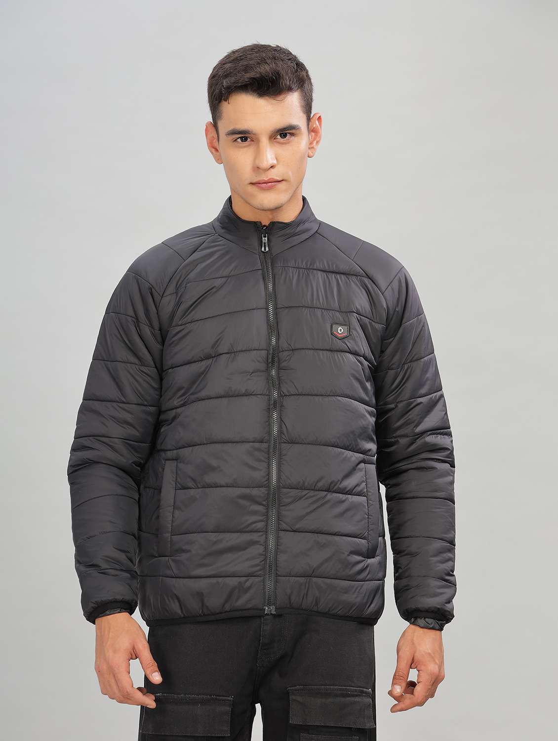 men solid long sleeve quilted jacket