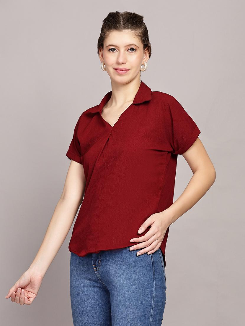 women solid collared short sleeves top - 21591946 - Standard Image - 1