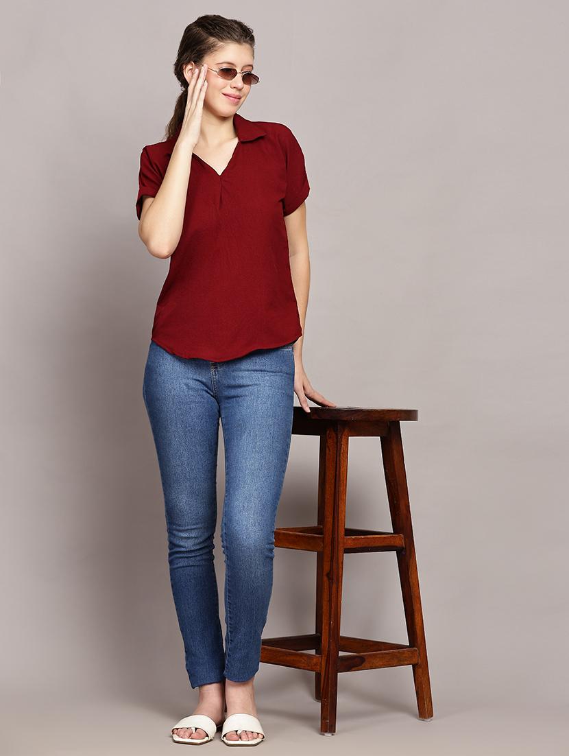 women solid collared short sleeves top - 21591946 - Standard Image - 4