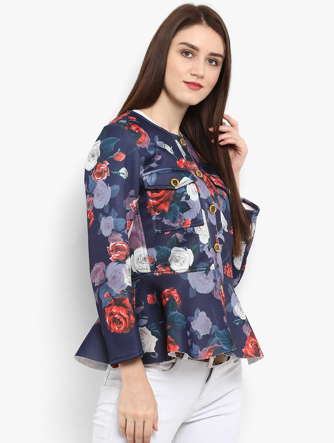 women navy blue printed casual blazer - 21593177 -  Standard Image - 1