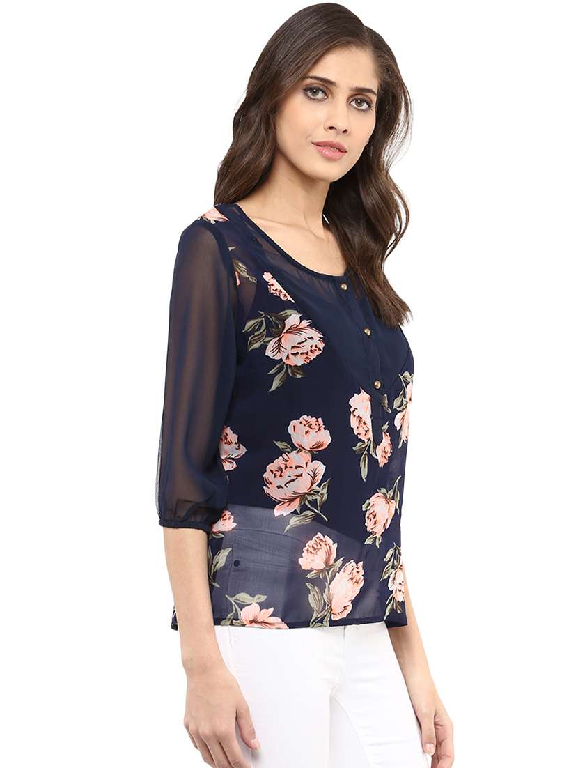 women navy blue floral printed regular top - 21593253 -  Standard Image - 1