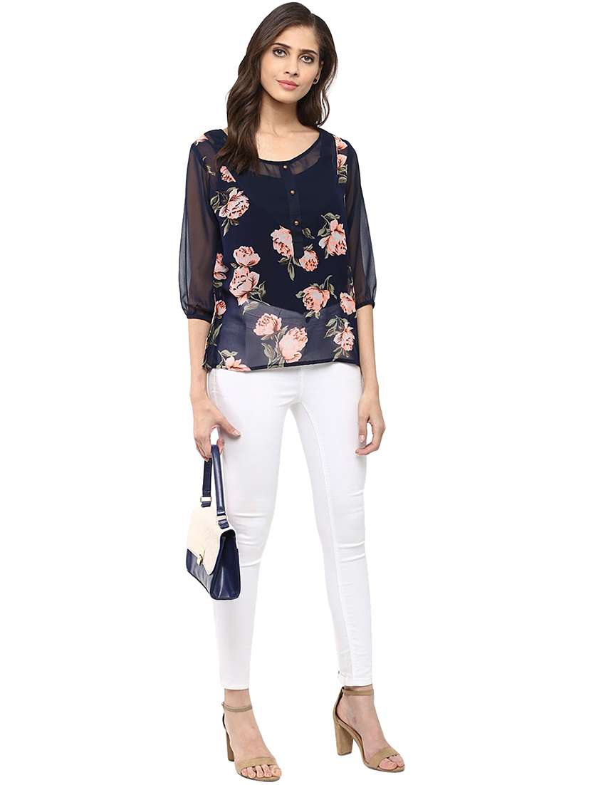 women navy blue floral printed regular top - 21593253 -  Standard Image - 4