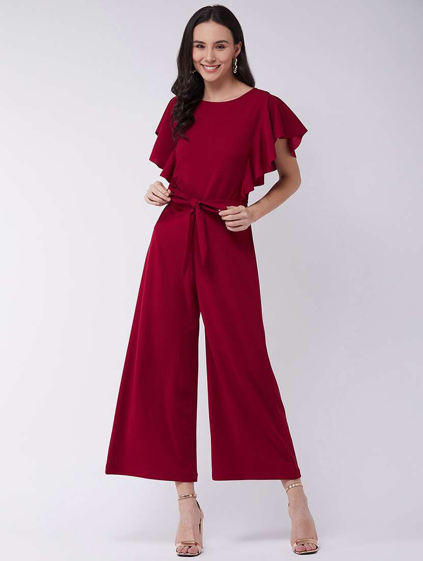 women red solid full leg jumpsuit