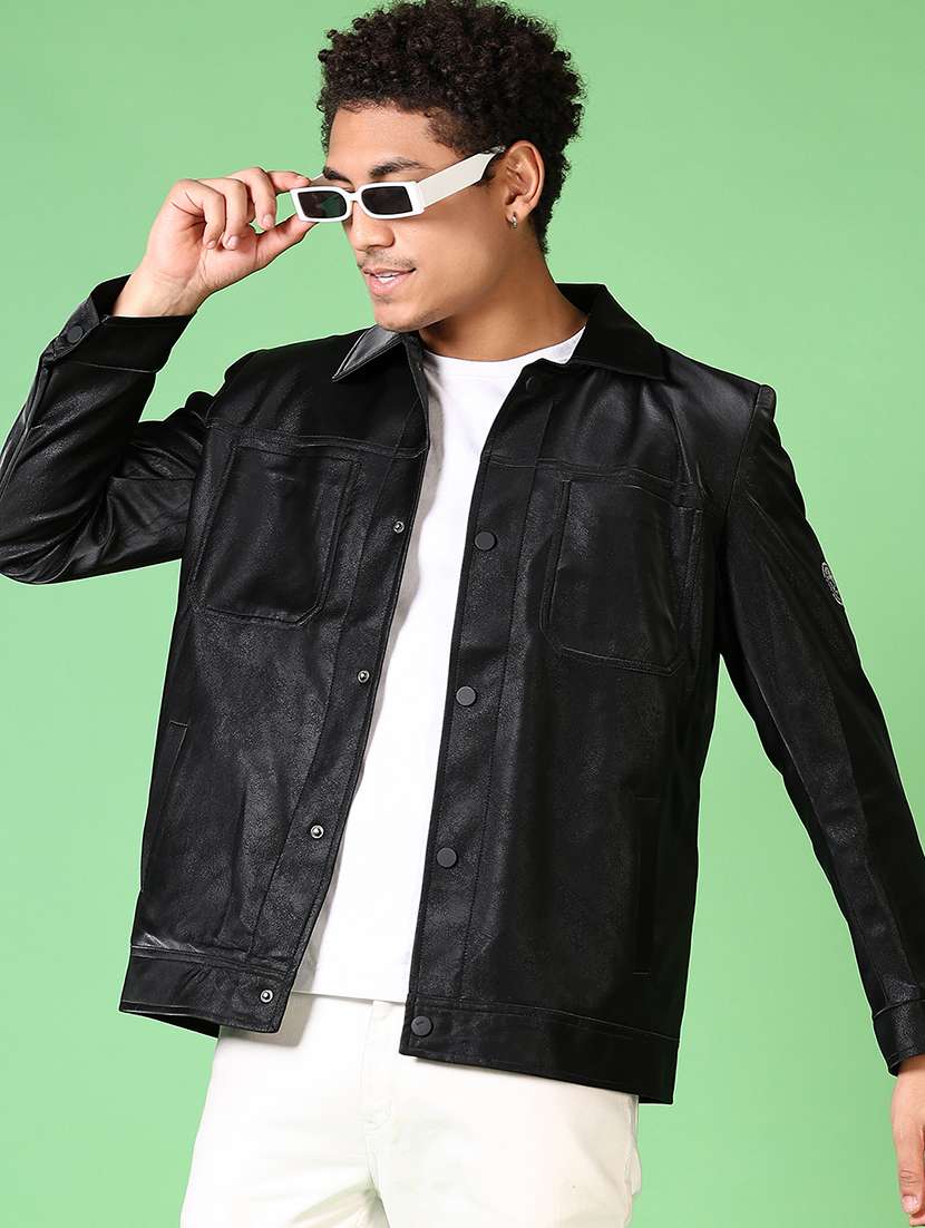 men black solid long sleeve shacket - 21593427 -  Standard Image - 1