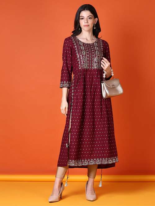 women printed three quarter sleeve a-line kurta - 21593491 -  Standard Image - 0