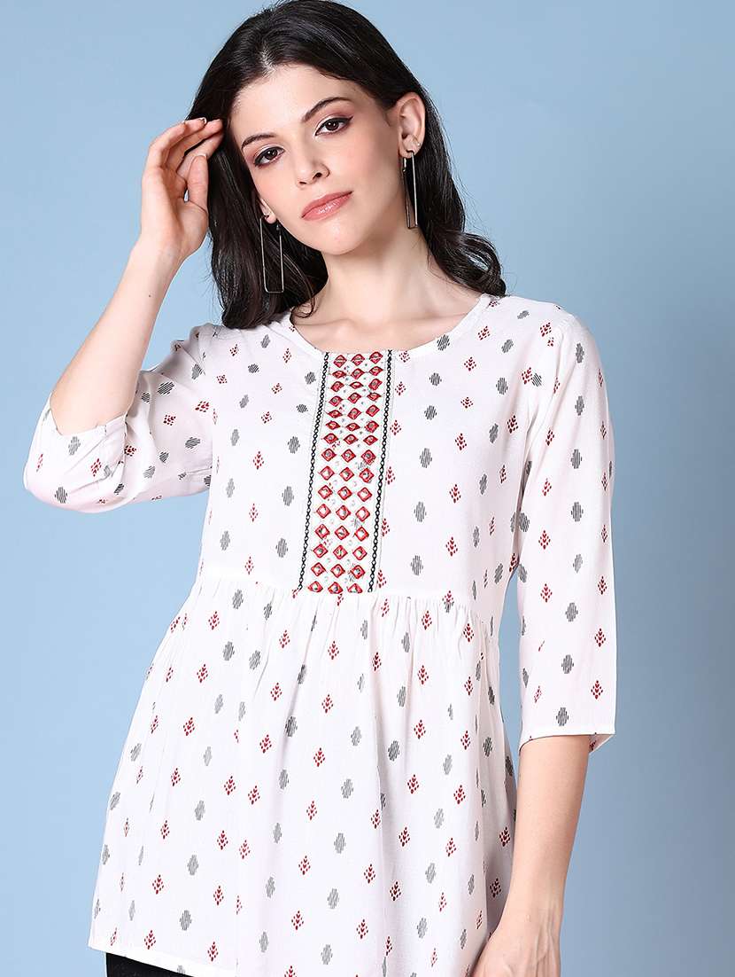 women printed three quarter sleeve a-line kurti