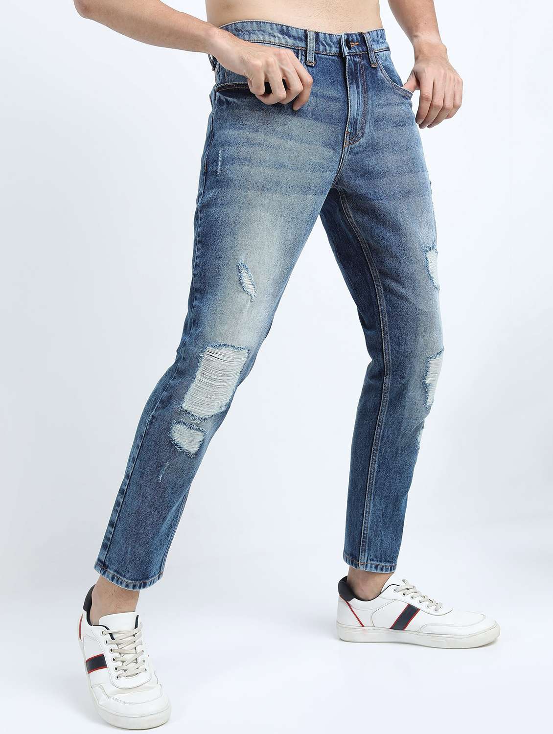 men distressed slim fit mid rise jeans - 21596171 -  Standard Image - 1