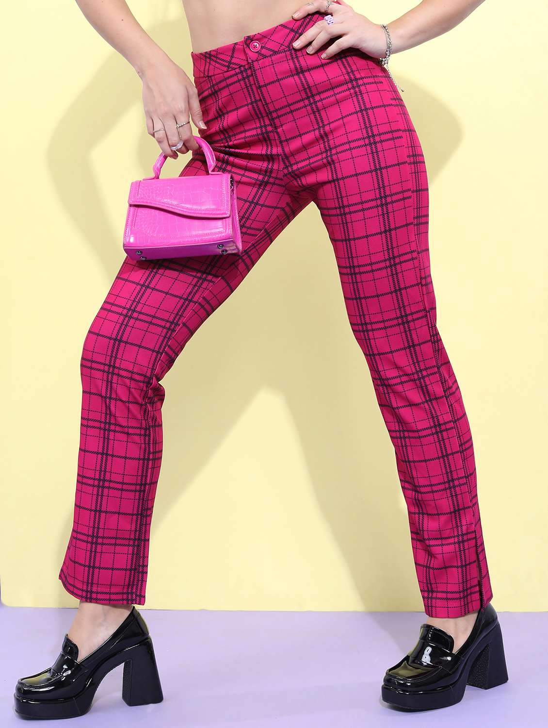 women pink checks chinos trouser
