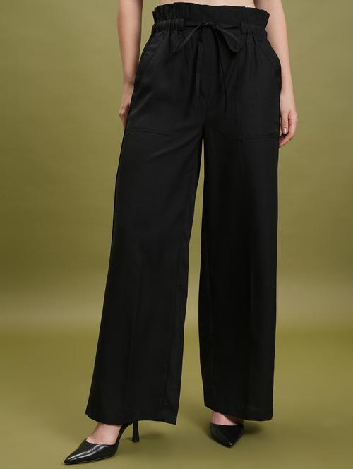 women black solid wide leg trouser - 21596398 -  Standard Image - 0