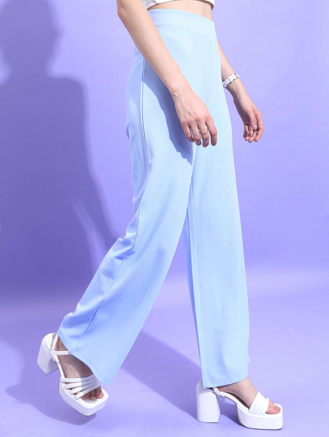 women light blue solid wide leg trouser