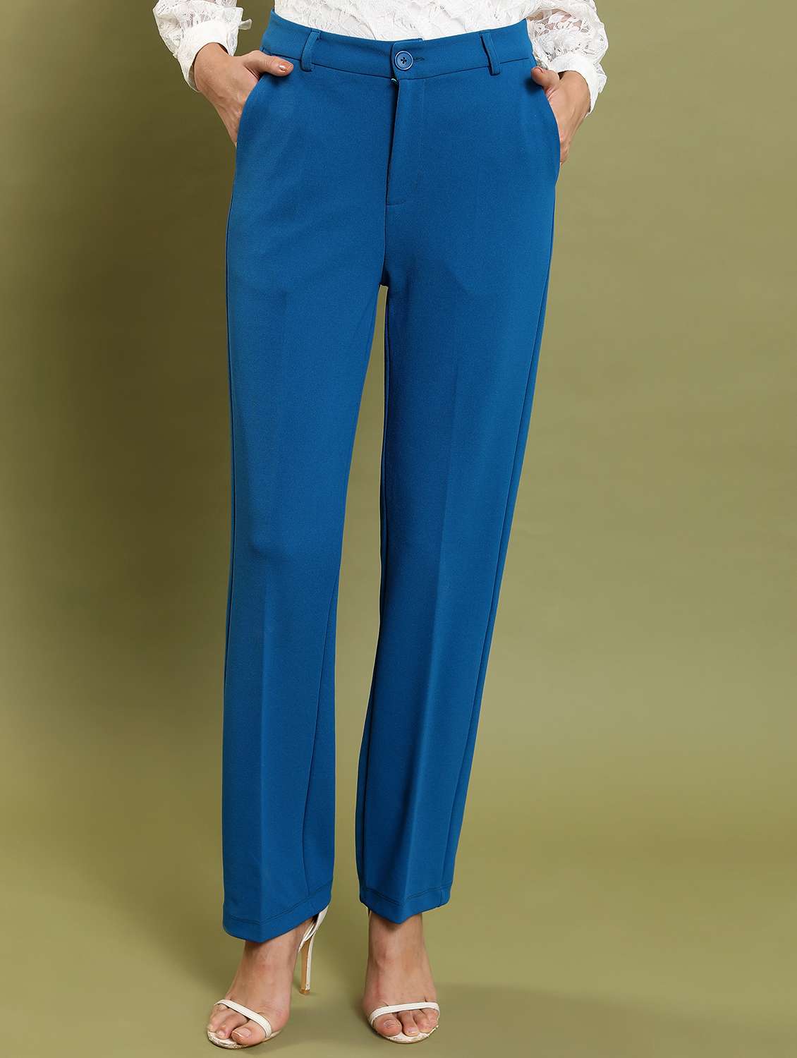 women blue solid tailored pant