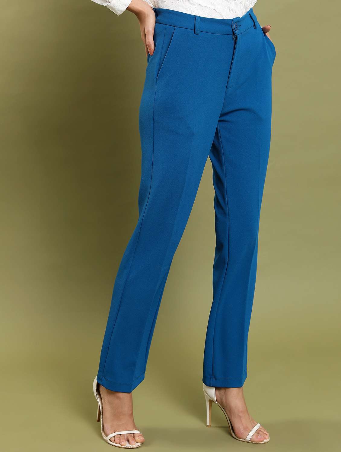 women blue solid tailored pant - 21596409 -  Standard Image - 1