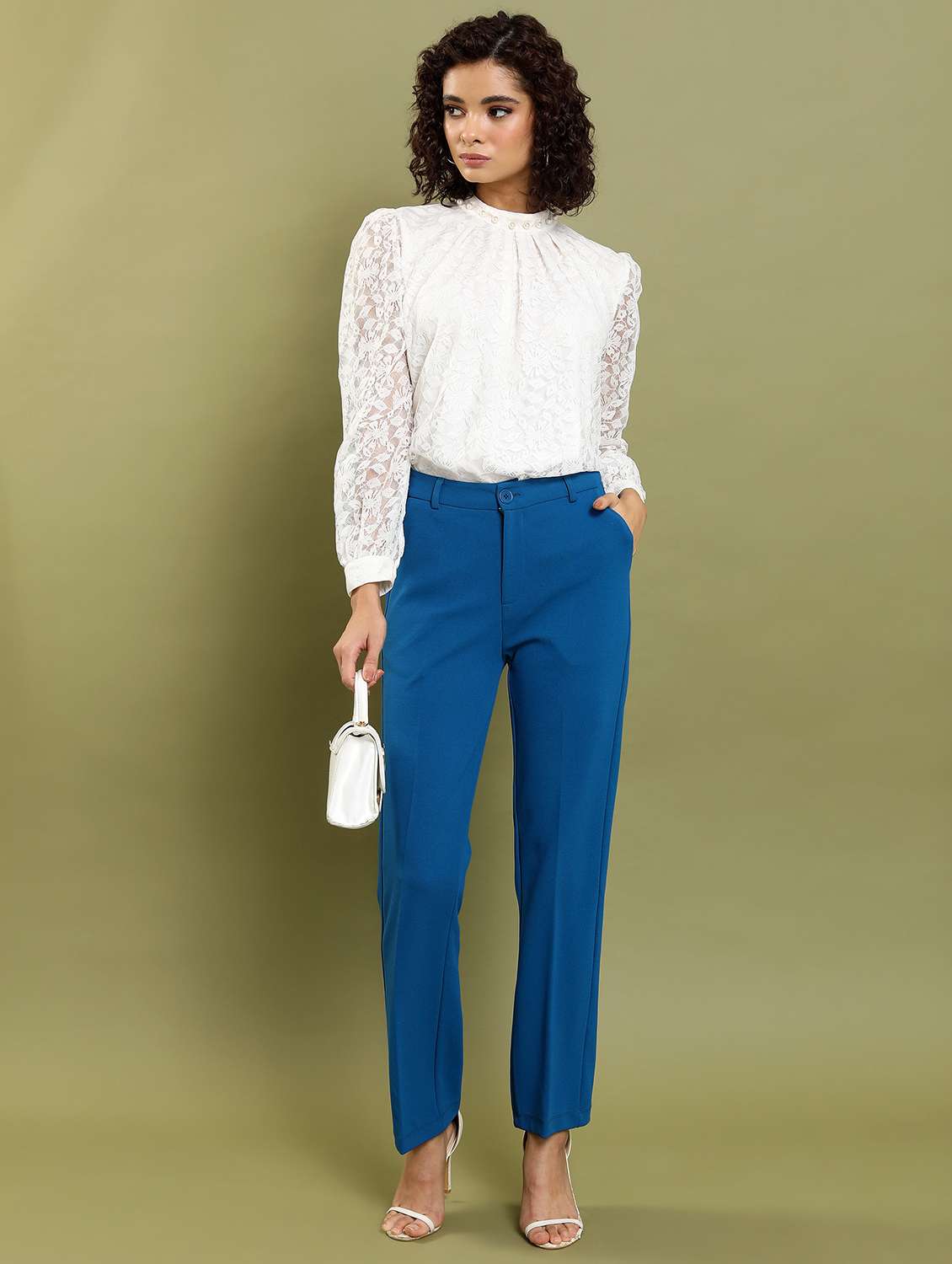 women blue solid tailored pant - 21596409 -  Standard Image - 4