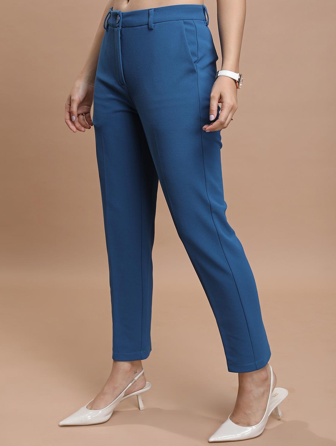 women blue solid tailored pant - 21596411 - Standard Image - 1