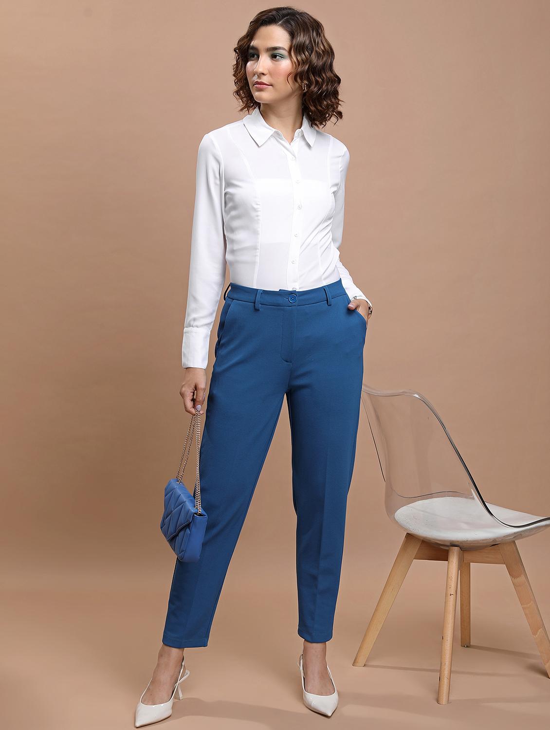 women blue solid tailored pant - 21596411 - Standard Image - 4