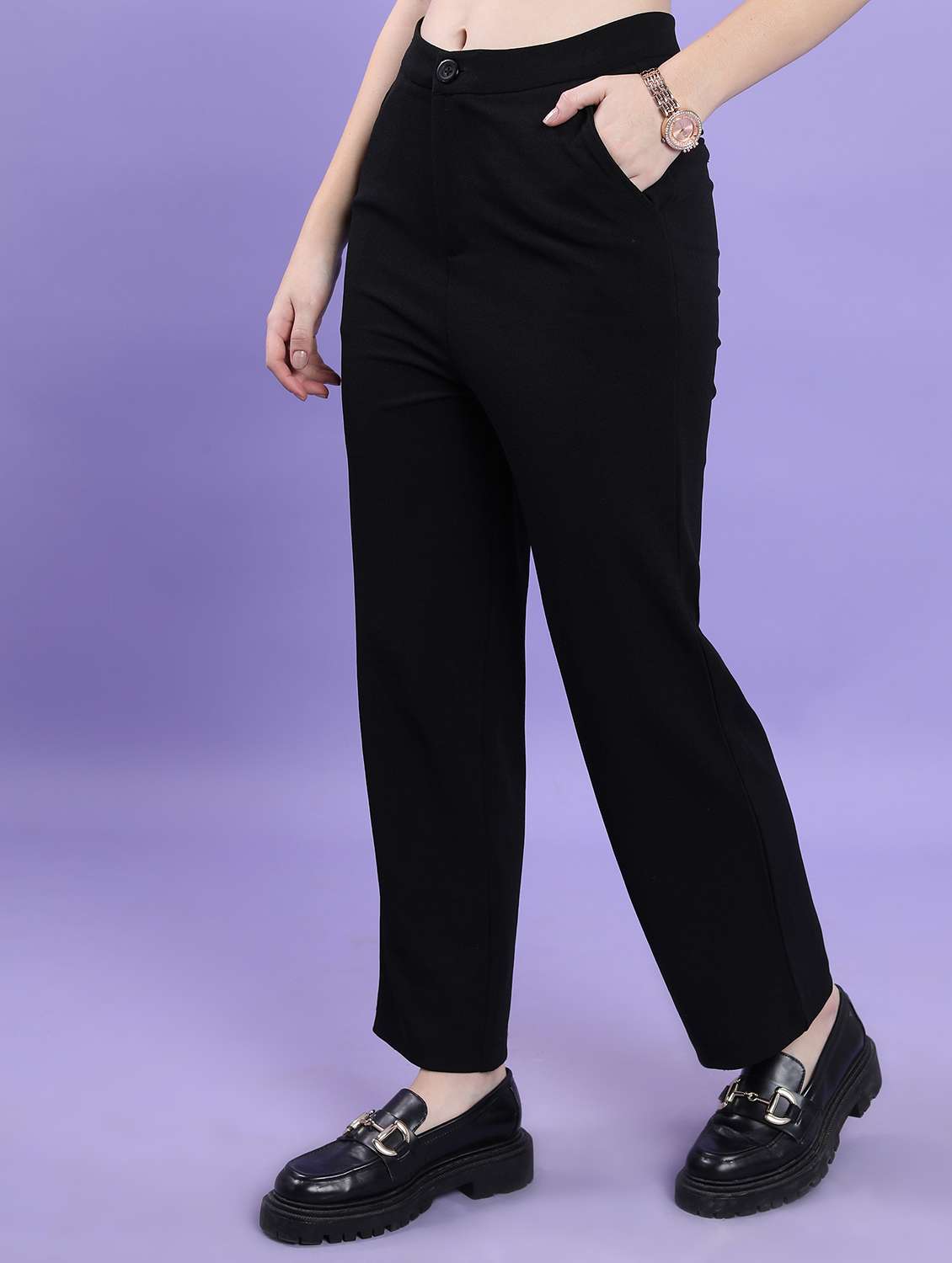 women black solid tailored pant - 21596417 -  Standard Image - 1