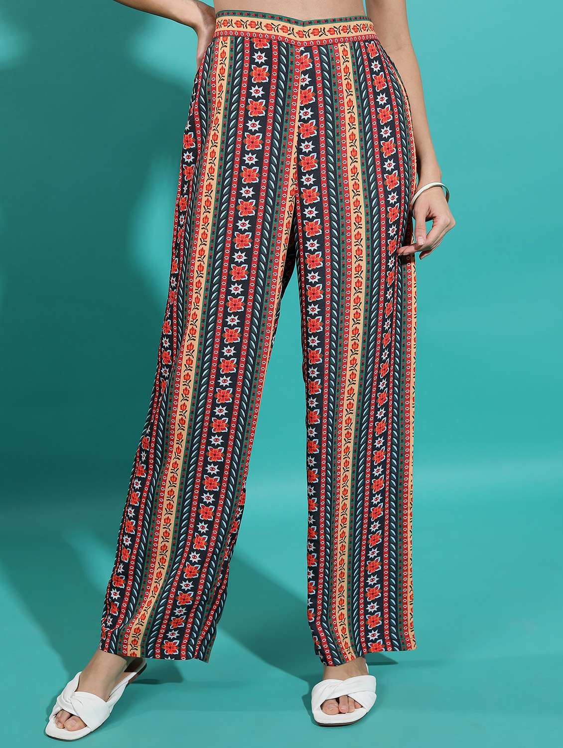 women multicolored printed wide leg trouser
