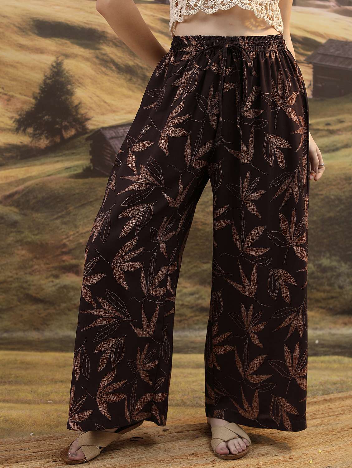 women coffee brown printed wide leg trouser