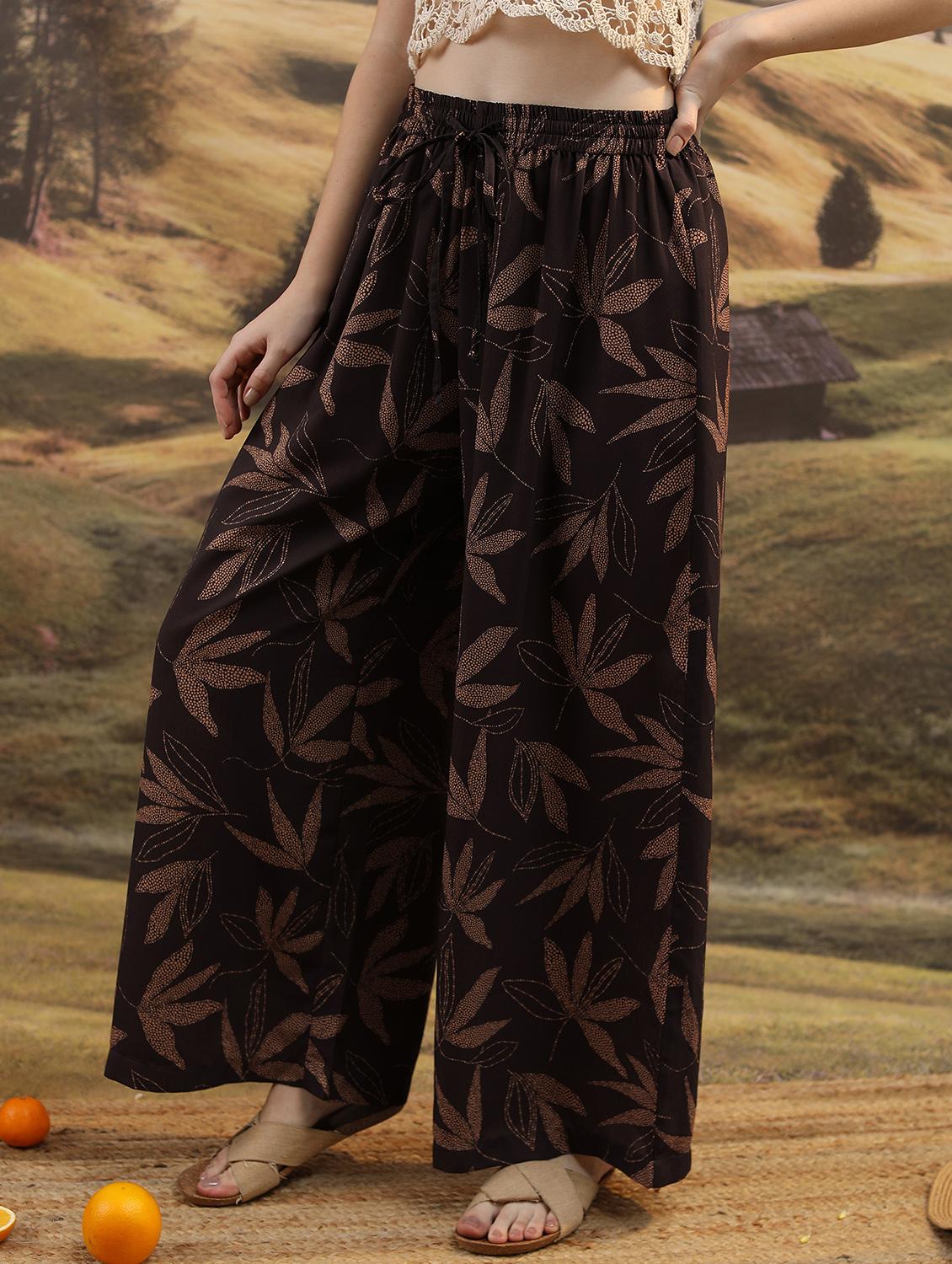 women coffee brown printed wide leg trouser - 21596428 - Standard Image - 1