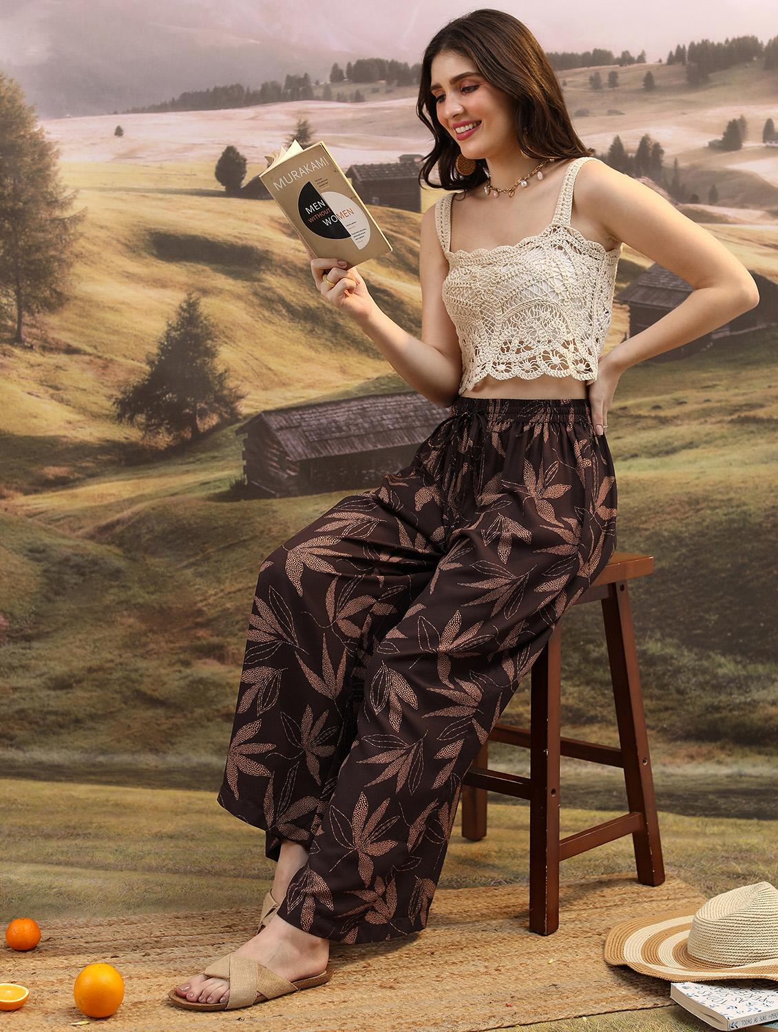 women coffee brown printed wide leg trouser - 21596428 - Standard Image - 4