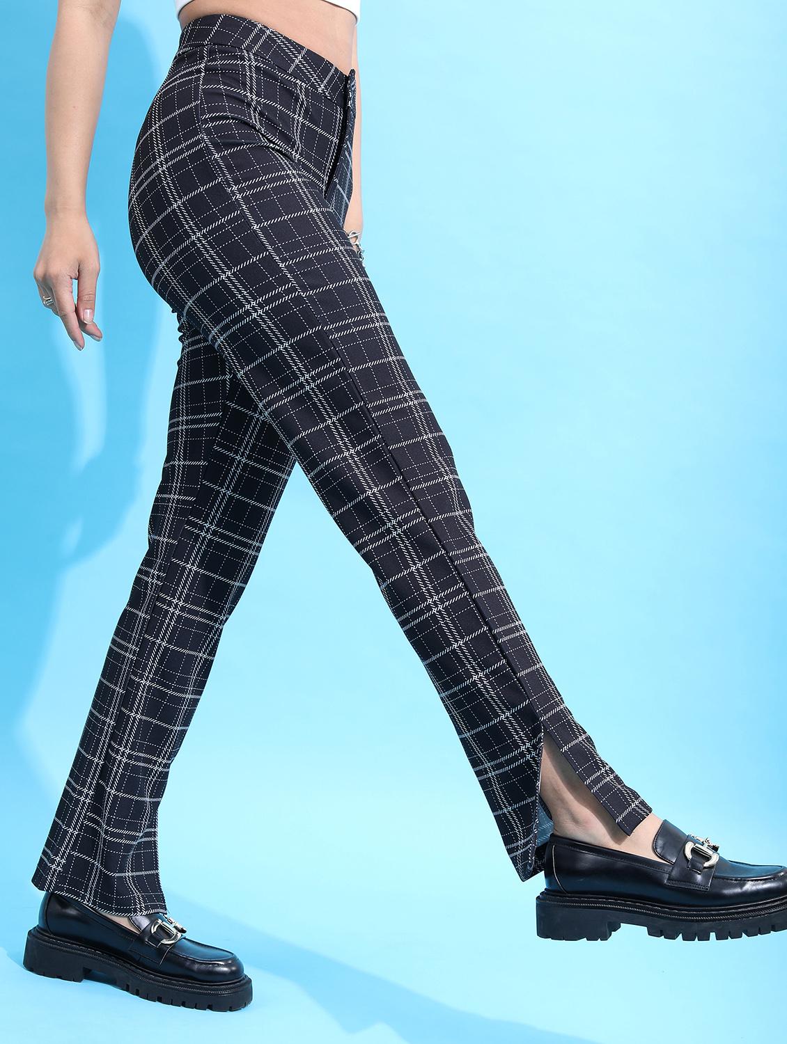 women navy blue checks chinos trouser - 21596438 - Standard Image - 1