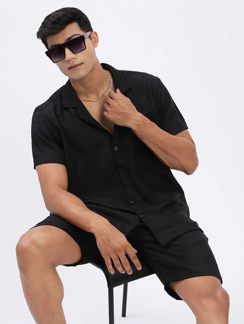 men solid cuban collar short sleeves co-ord set - 21597390 -  Standard Image - 1