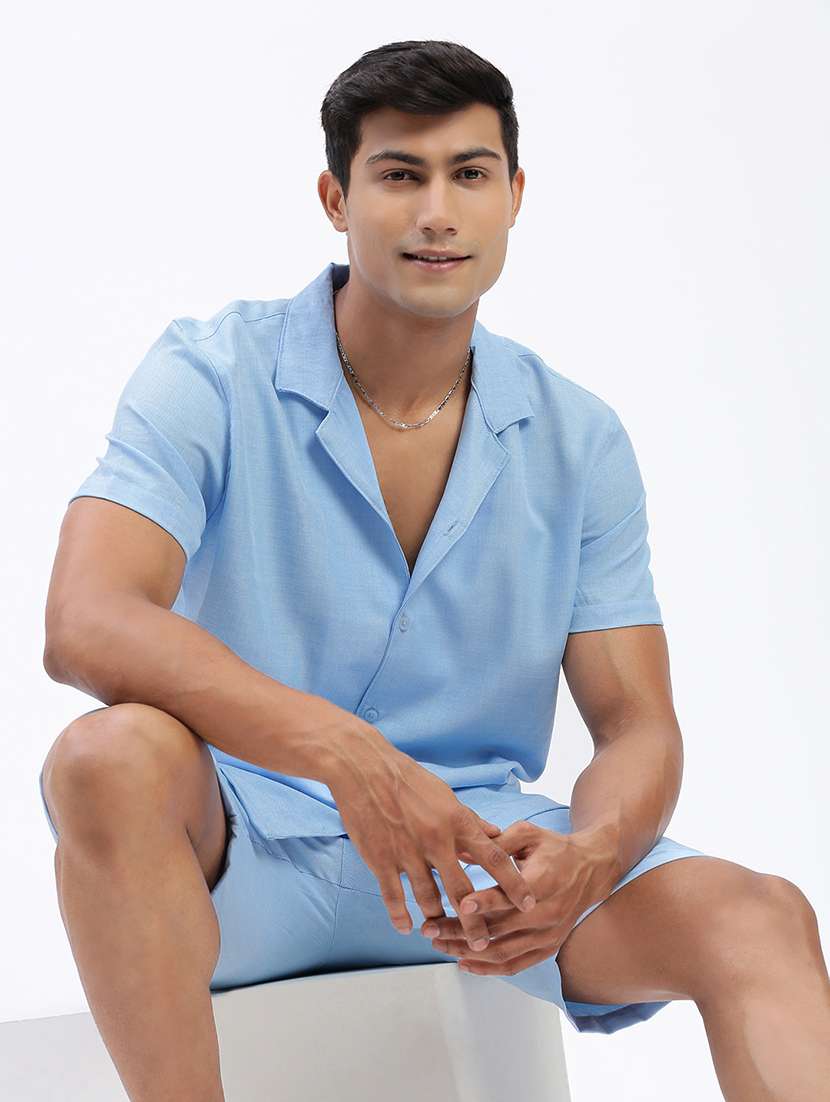 men solid cuban collar short sleeves co-ord set - 21597391 - Standard Image - 1