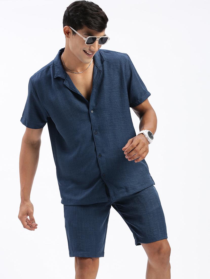 men solid cuban collar short sleeves co-ord set - 21597400 -  Standard Image - 1