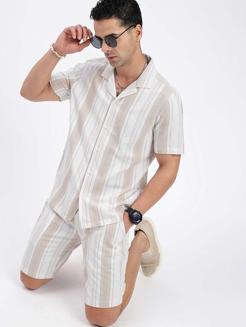 men striped cuban collar short sleeves co-ord set - 21597409 -  Standard Image - 1