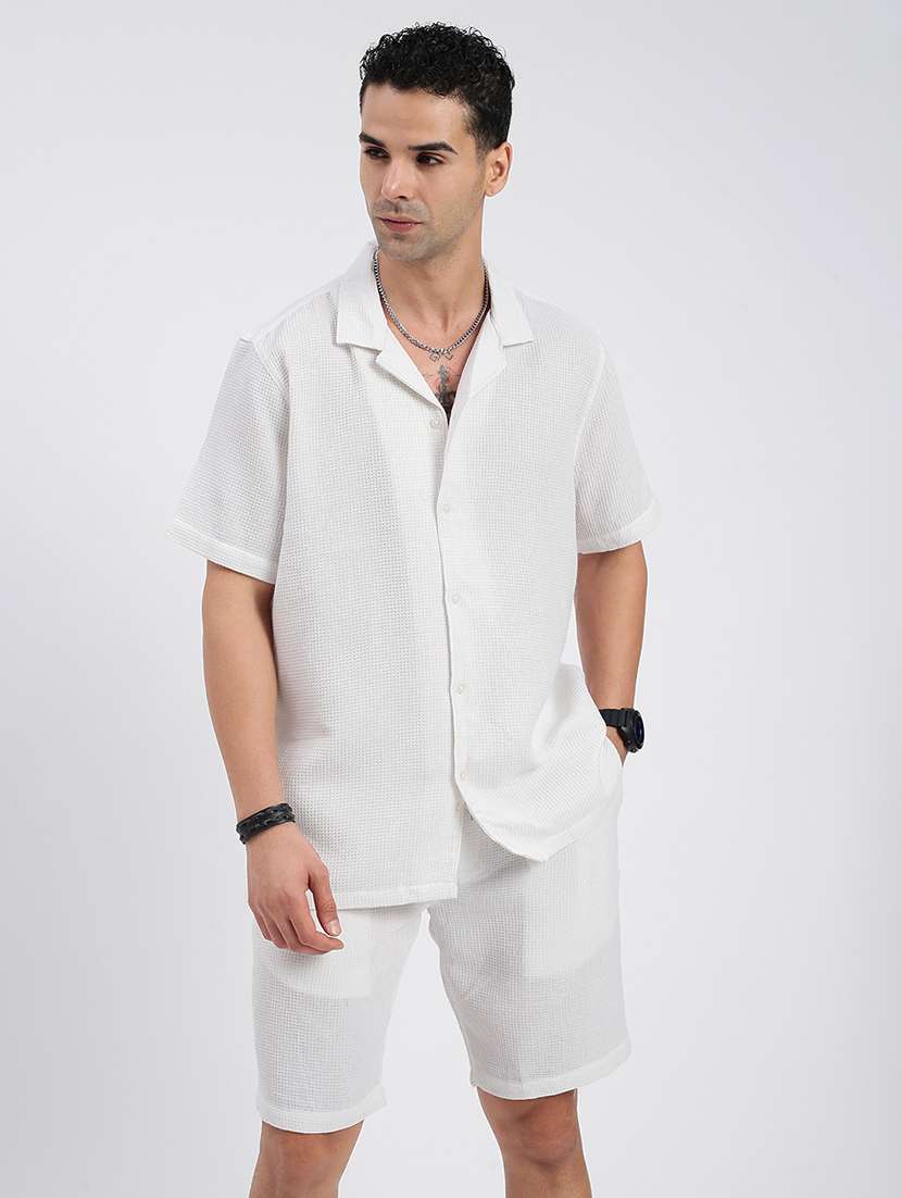 men solid cuban collar short sleeves co-ord set