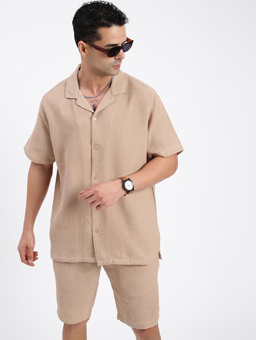 men solid cuban collar short sleeves co-ord set - 21597412 -  Standard Image - 1