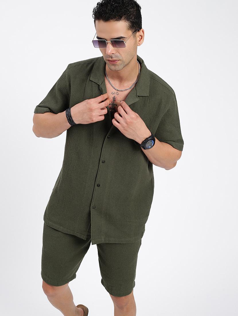 men solid cuban collar short sleeves co-ord set - 21597413 -  Standard Image - 1