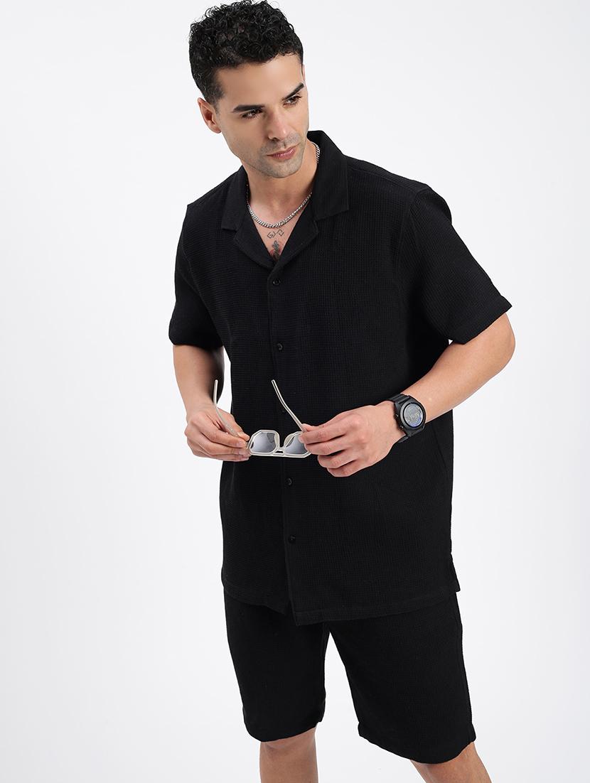 men solid cuban collar short sleeves co-ord set - 21597414 - Standard Image - 1