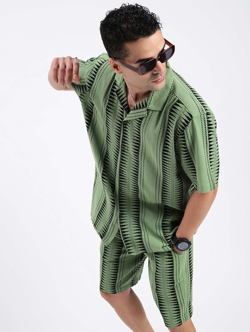 men geometrical cuban collar short sleeves co-ord set - 21597416 -  Standard Image - 1