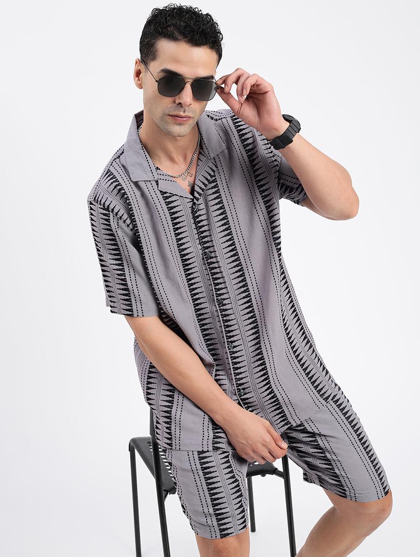 men geometrical cuban collar short sleeves co-ord set - 21597417 - Standard Image - 1