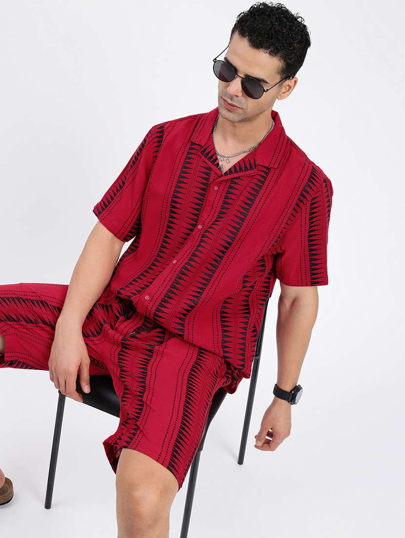 men geometrical cuban collar short sleeves co-ord set - 21597419 -  Standard Image - 1