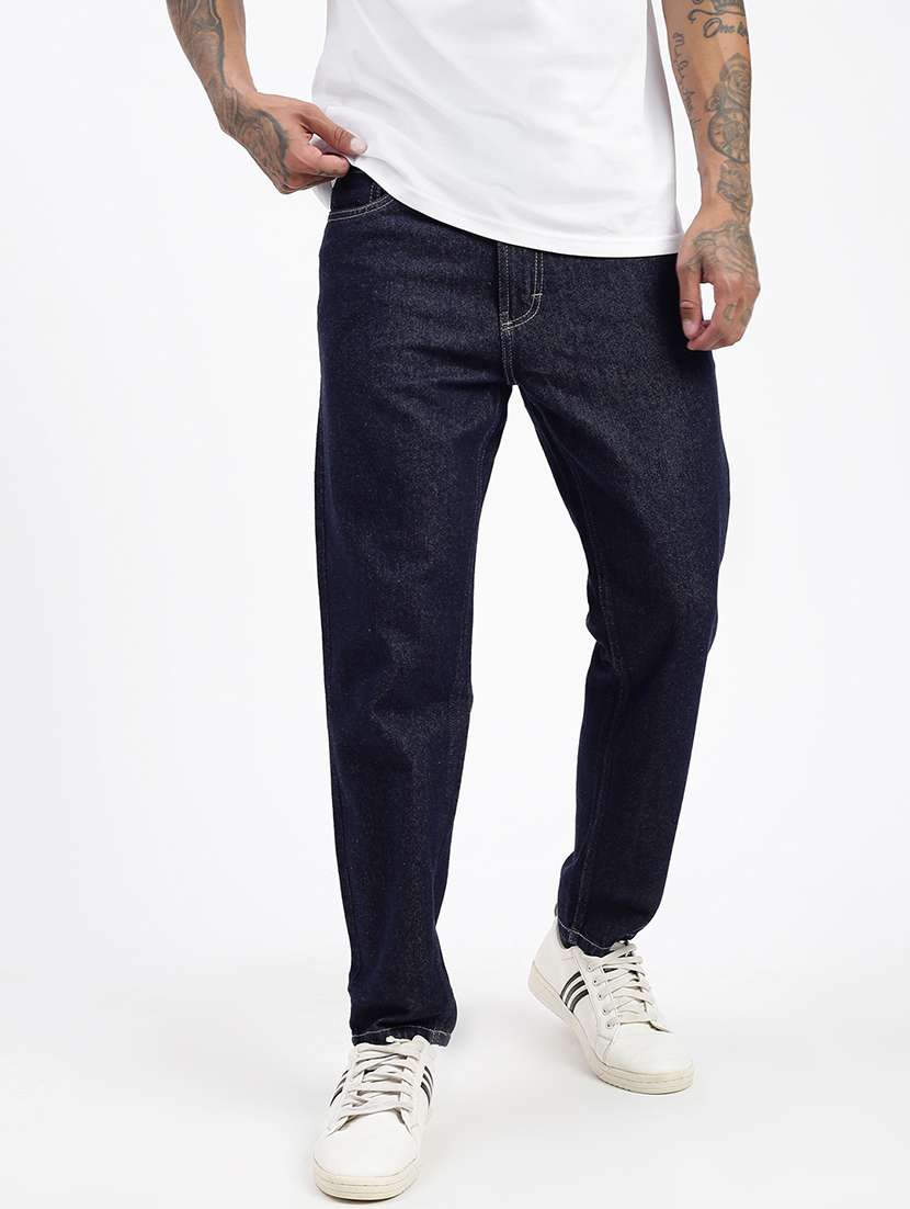 men navy blue denim plain jeans - 21597422 -  Standard Image - 4