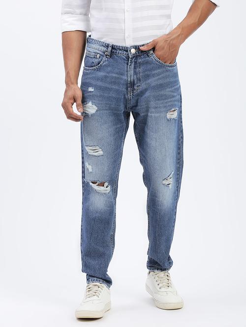 men blue denim distress jeans - 21597429 - Standard Image - 0